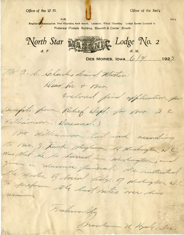 Written on letterhead from North Star Lodge #2.