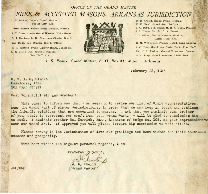 Phelix was grand Master of Free & Accepted Masons, Arkansas Affiliation.