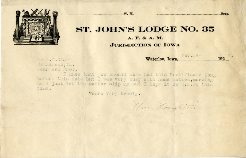 Written on letterhead from St. John's Lodge #35.