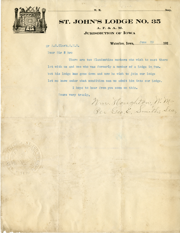 Written on letterhead from St. John's Lodge #35.