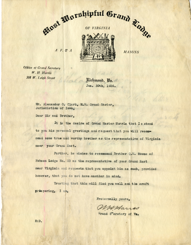 Written on letterhead from Most Worshipful Grand Lodge of Virginia, A. F. & A Masons.