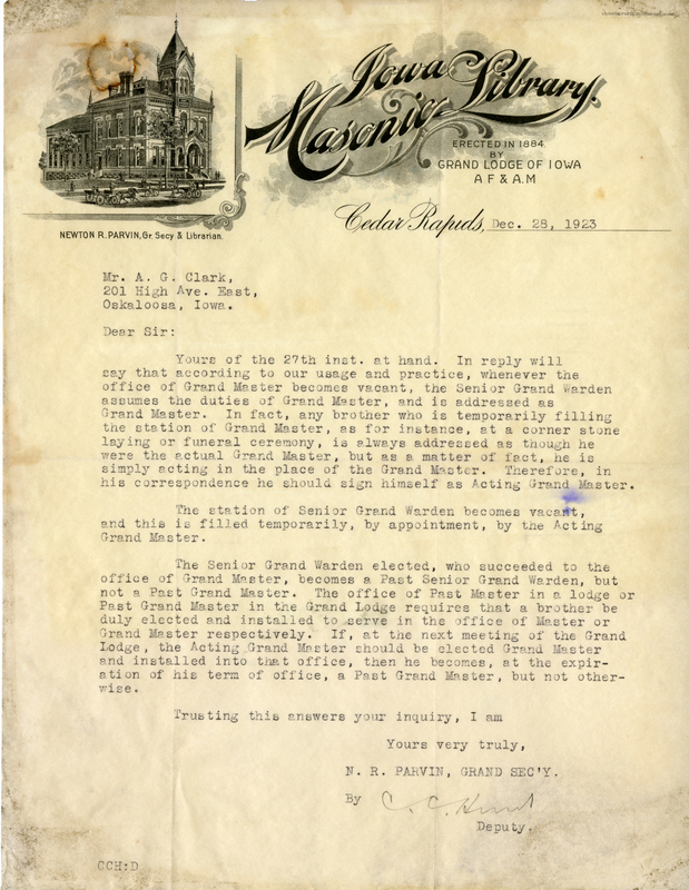 Written on letterhead from Iowa Masonic Library