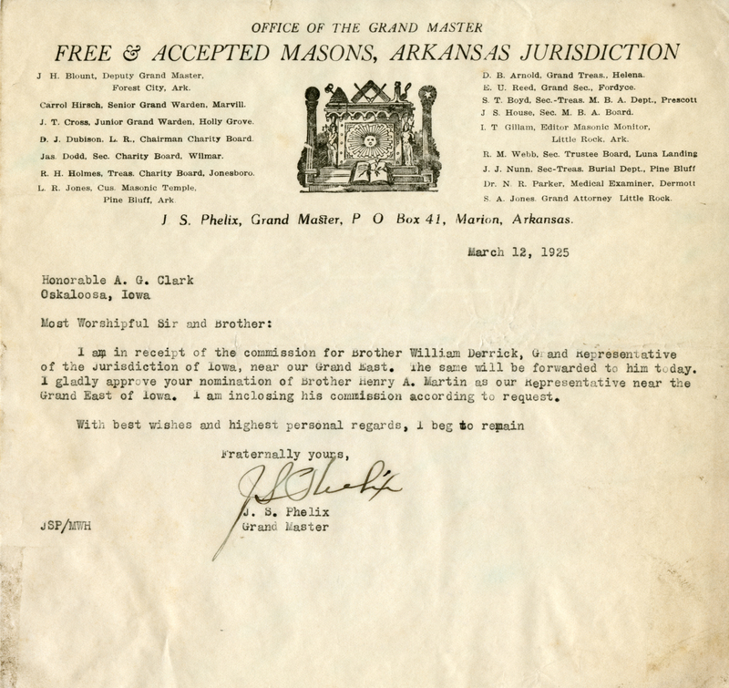 Written on letterhead from Office of the Grand Master, Free & Accepted Masons, Arkansas Jurisdiction