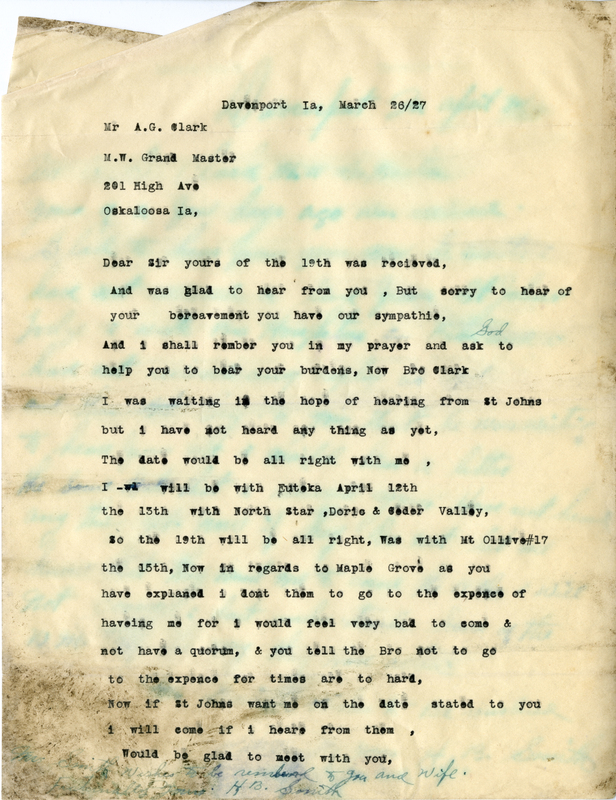 Correspondence Between H. B. Smith And Grand Master A. G. Clark