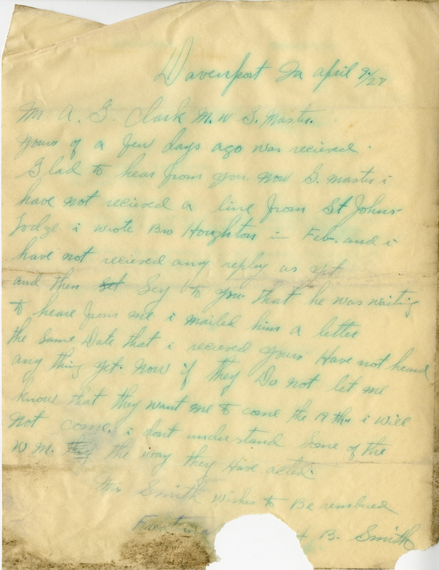 Correspondence Between H. B. Smith And Grand Master A. G. Clark