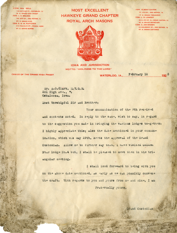 Written on letterhead from Most Excellent Hawkeye Grand Chapter Royal Arch Masons, Office of the Grand High Priest.