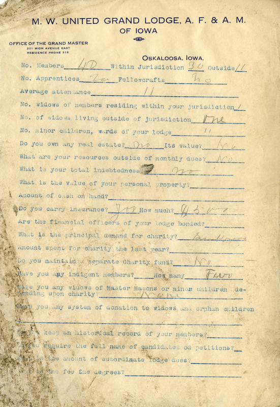 Typed on letterhead from M. W. Grand Lodge, A. F. & A. M. of Iowa, Office of the Grand Master.