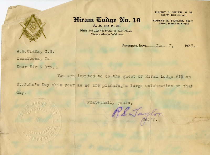 Typed on letterhead from Hiram Lodge #19.
