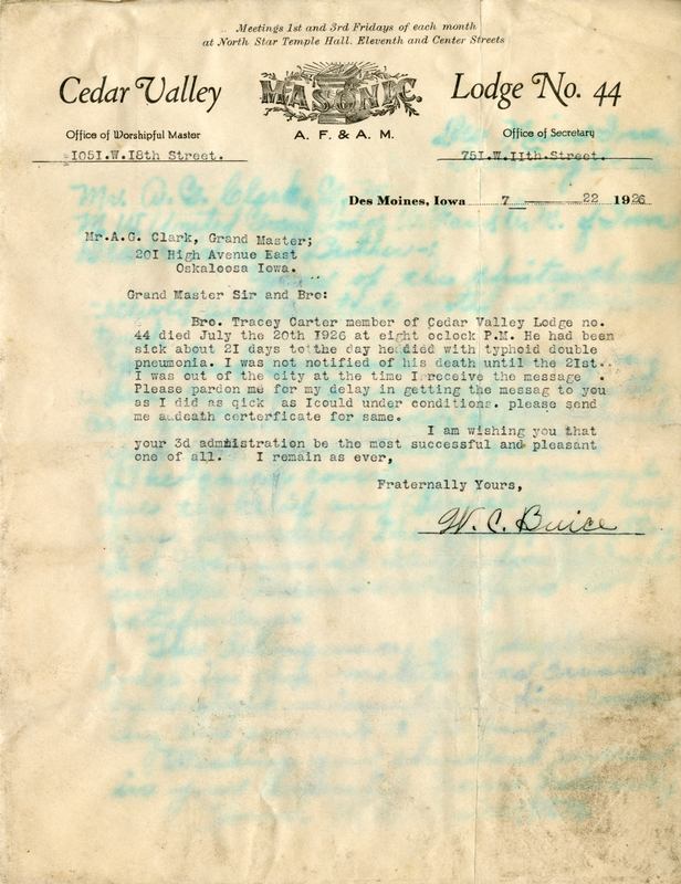 Typed on letterhead from Cedar Valley Lodge #44.