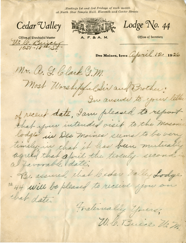 Written on letterhead from Cedar Valley Lodge #44.