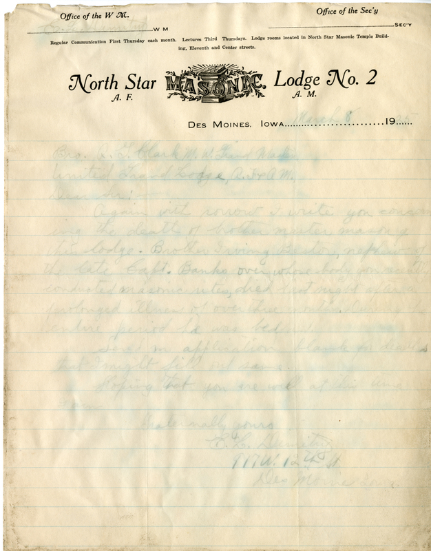 Written on letterhead from North Star Lodge #2.