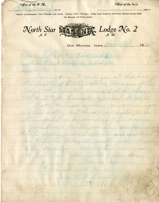 Written on letterhead from North Star Lodge #3.