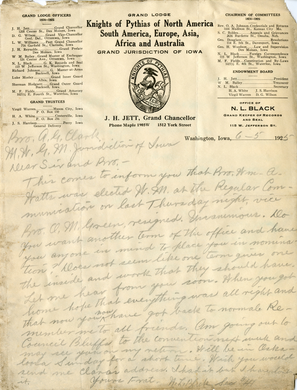 Written on letterhead from Grand Lodge Knights of Pythias of North America, South America, Europe, Asia, Africa, and Australia.
