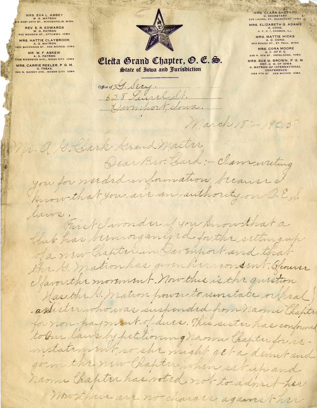 Written on letterhead from Eleda Grand Chapter, O.E.S.