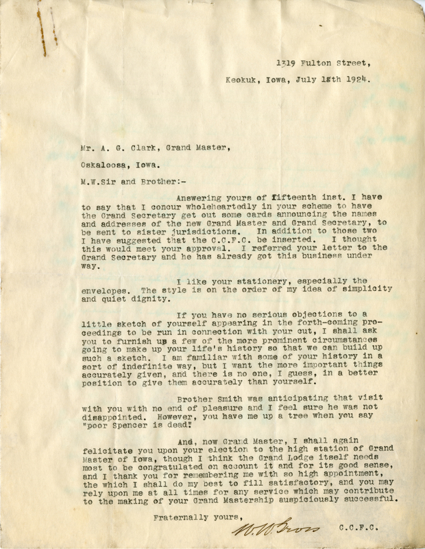 Correspondence Between W. W. Gross And Grand Master A. G. Clark