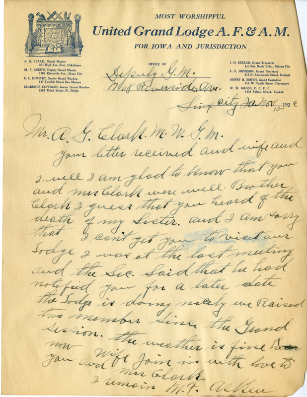 Correspondence Between M. F. Askew And Grand Master A. G. Clark