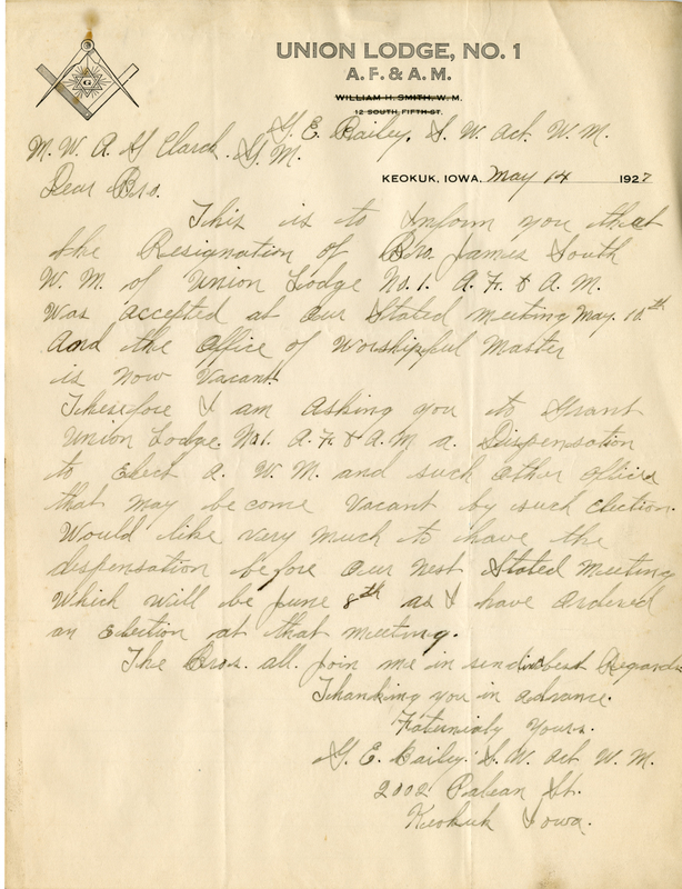 Written on letterhead from Union Lodge #1.