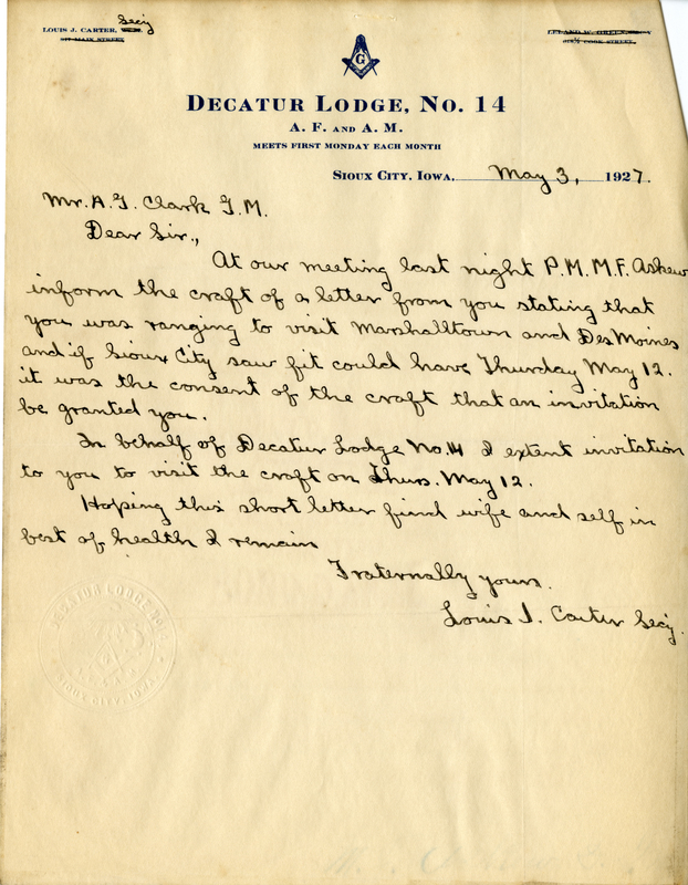 Written on letterhead from Decatur Lodge #14.