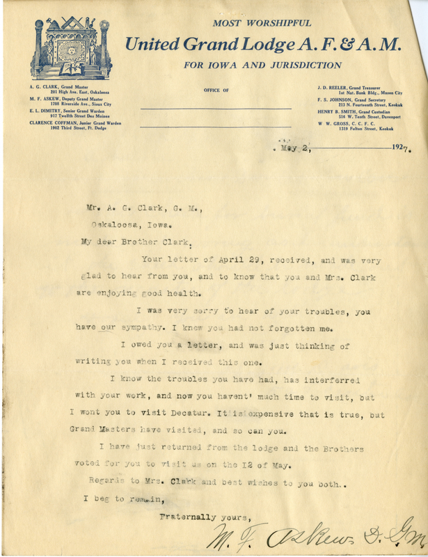Correspondence Between M. F. Askew And Grand Master A. G. Clark
