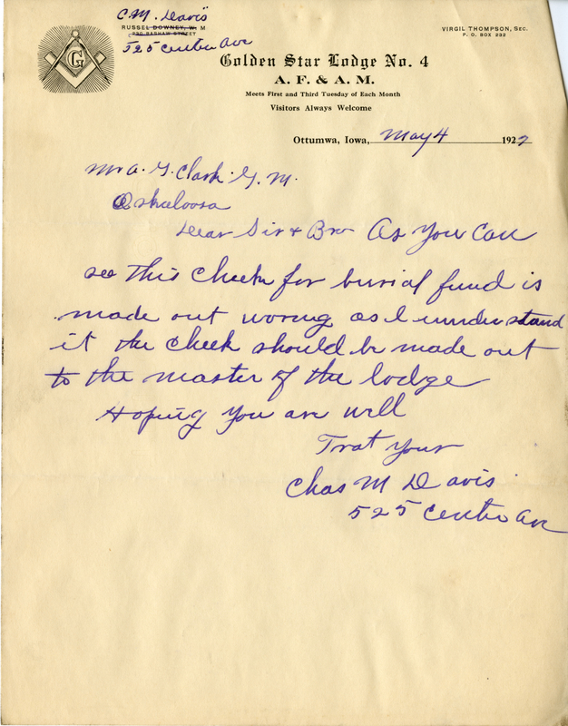 Written on letterhead from Golden Star Lodge #4.