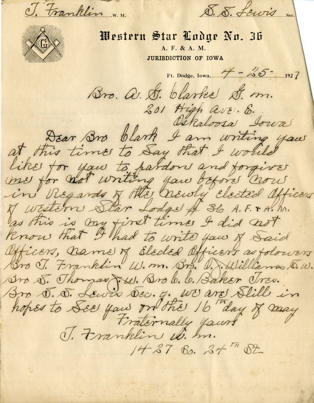 Written on letterhead from Western Star Lodge #36.