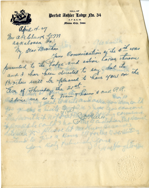 Written on letterhead from Perfect Ashler Lodge #34.