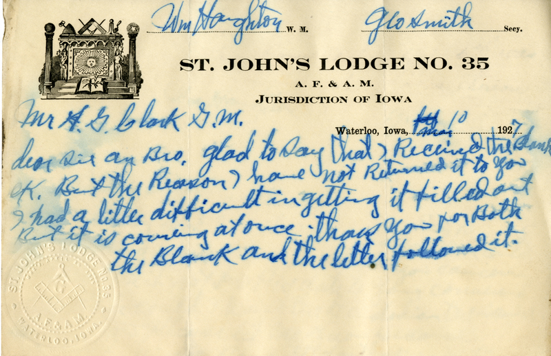 Written on letterhead from St. John's Lodge #36.