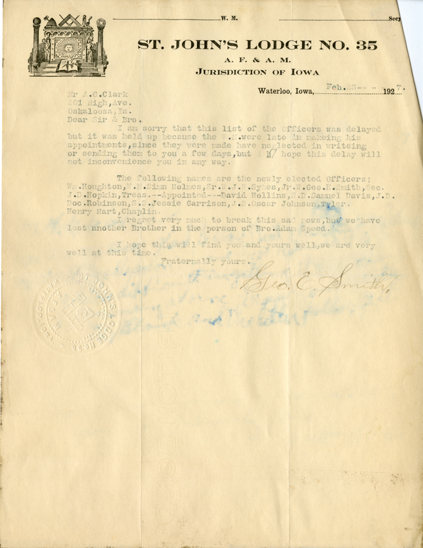 Written on letterhead from St. John's Lodge #37.