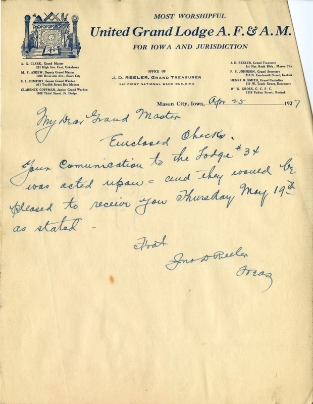 Correspondence Between J. D. Reeler And Grand Master A. G. Clark