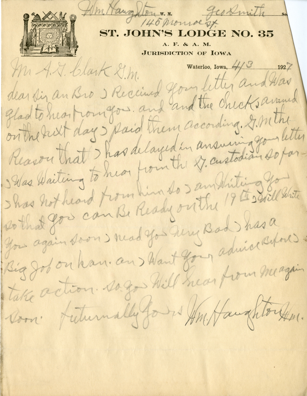 Written on letterhead from St. John's Lodge #38.