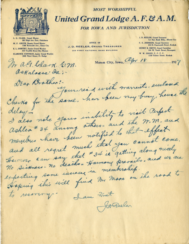 Correspondence Between J. D. Reeler And Grand Master A. G. Clark