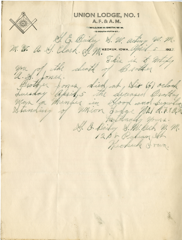 Written on letterhead from Union Lodge #1.