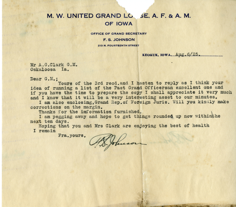 Correspondence Between F. S. Johnson And Grand Master A. G. Clark