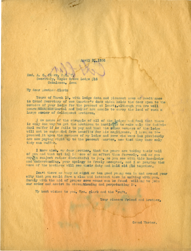Correspondence Between Grand Master F. S. Johnson And A. G. Clark