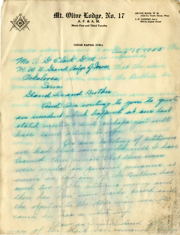 Written on letterhead from Mt. Olive Lodge #17.