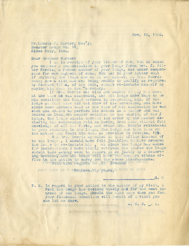 Correspondence Between Louis J. Carter And Grand Master A. G. Clark