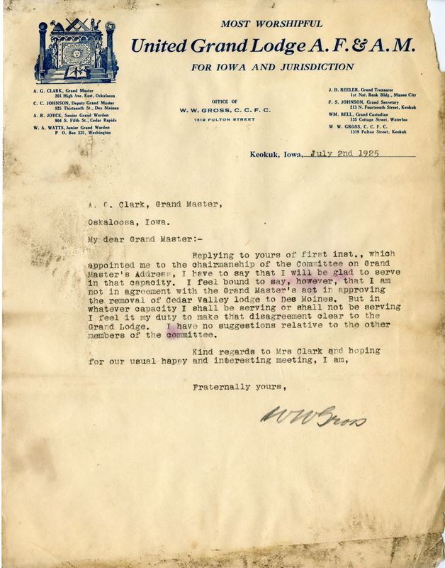 Correspondence Between W. W. Gross And Grand Master A. G. Clark