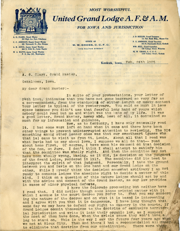 Correspondence Between W. W. Gross And Grand Master A. G. Clark