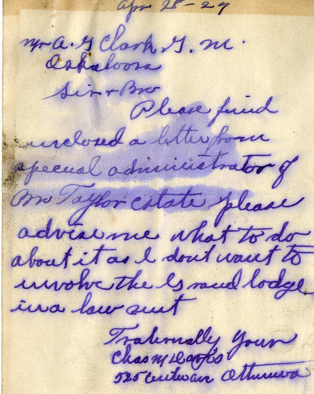 Correspondence Between Charles M. Davis And Grand Master A. G. Clark