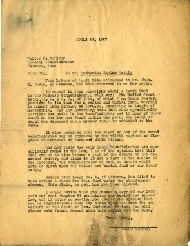 Correspondence Between Walter H. Mcelroy And Grand Master A. G. Clark