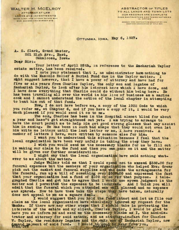 Correspondence Between Walter H. Mcelroy And Grand Master A. G. Clark