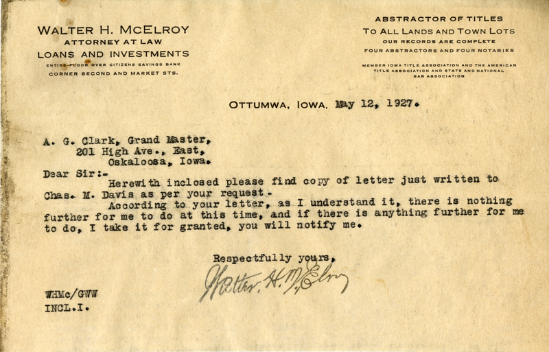 Correspondence Between Walter H. Mcelroy And Grand Master A. G. Clark
