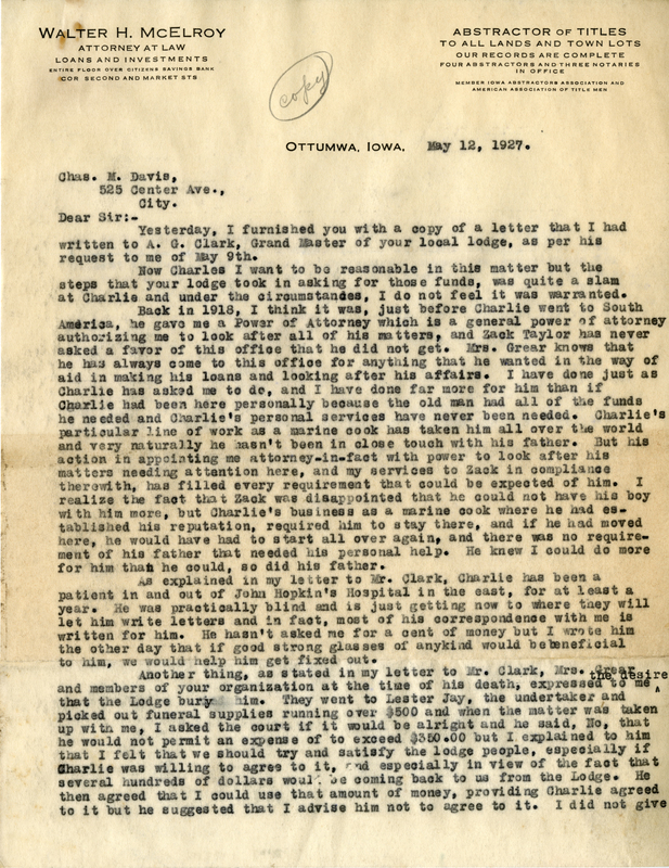 Correspondence Between Walter H. Mcelroy And Charles M. Davis, Page 1
