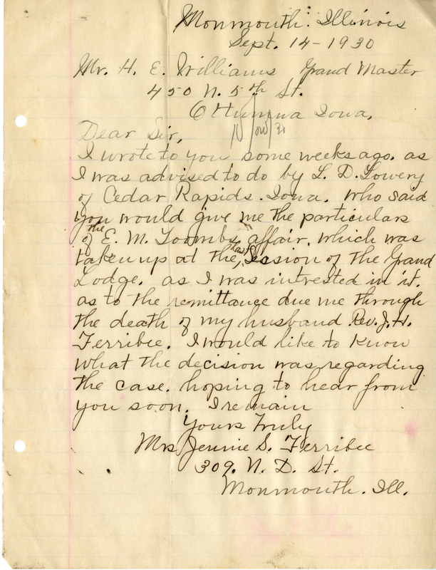 Correspondence Between Jennie S. Ferribee (?) And Grand Master H. E. Williams