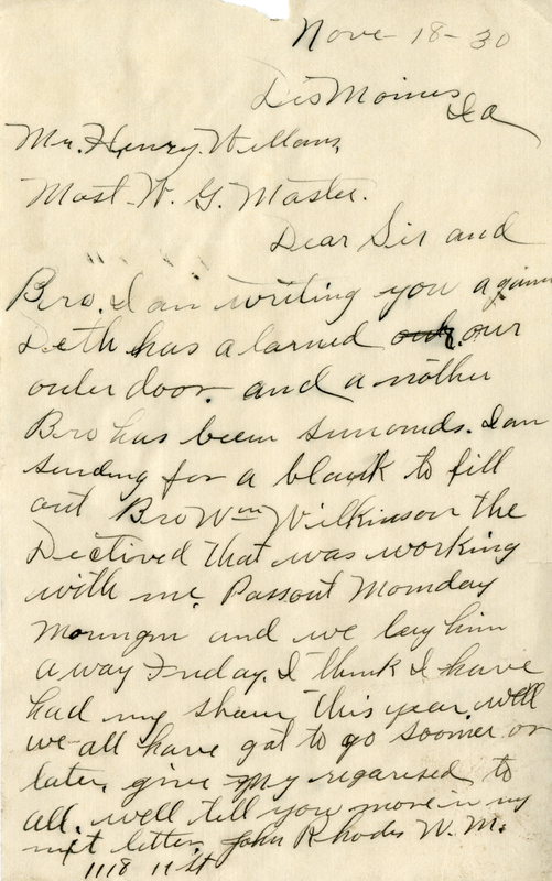 Correspondence Between John Rhodes And Grand Master H. E. Williams
