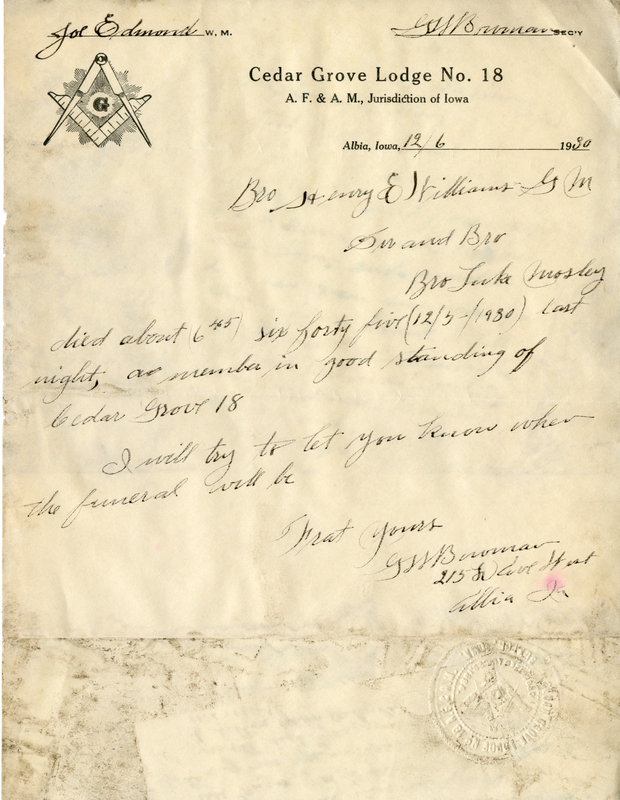 Written on letterhead from Cedar Grove Lodge #18.
