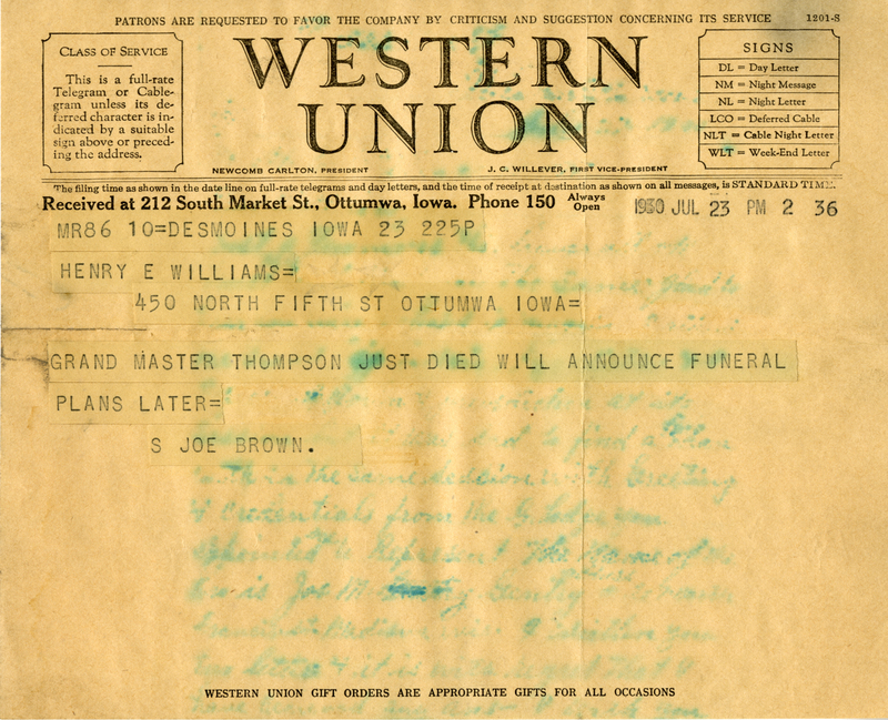 Telegram From S. Joe Brown To Grand Master Henry E. Williams