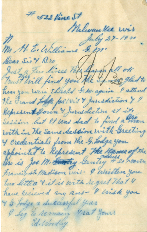 Correspondence Between Ed Woodley And Grand Master Henry E. Williams