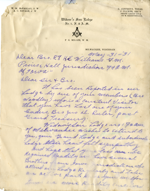 Written on letterhead from Widow's Son Lodge #1.