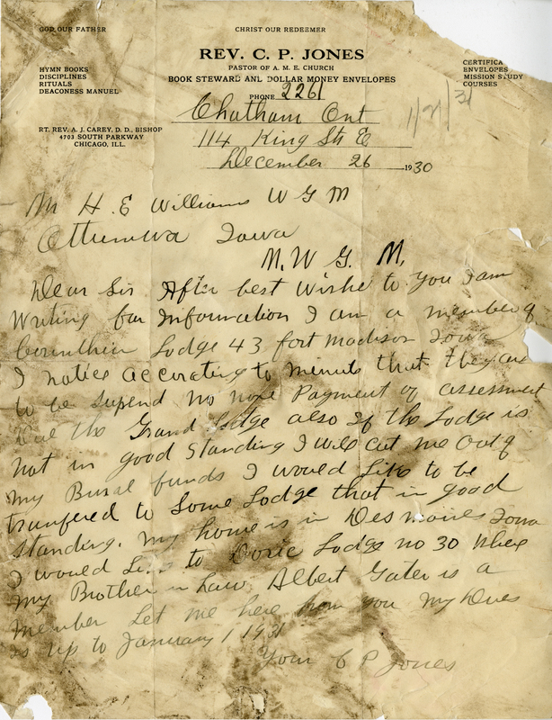 Written on the Reverend Jones's letterhead, as paster of A.M.E. Church.